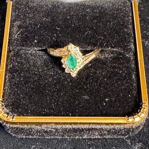 14 Kt Yellow Gold Emerald and Diamond Ring Marquise Cut
